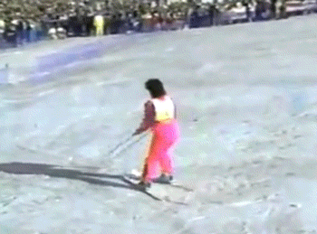 Retro-Skifahrerin in Neon-Pink